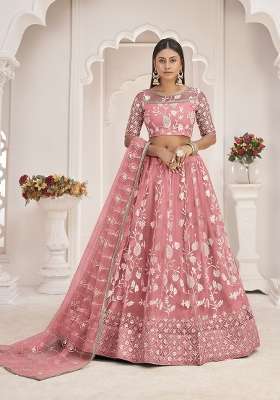 Pink Net Lehenga Set with Embroidery for Diwali | Wedding & Festive Wear
