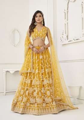 Mustard Net Lehenga Set with Embroidery for Diwali | Wedding & Festive Wear