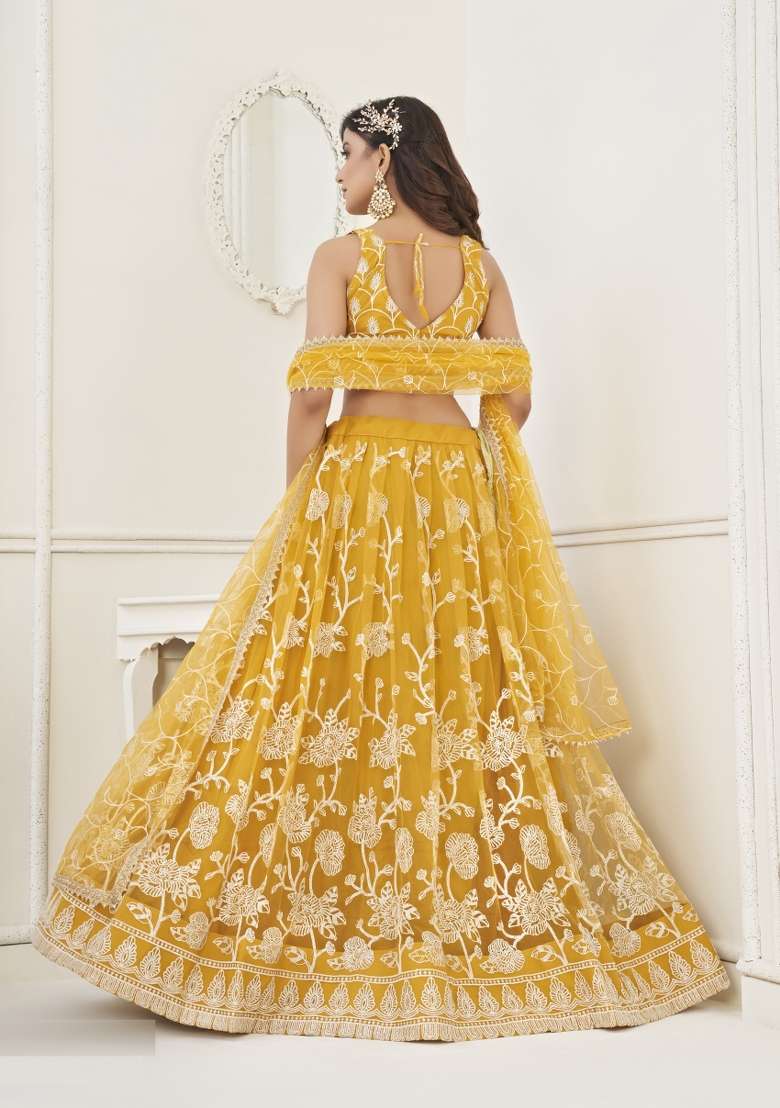 Mustard Net Lehenga Set with Embroidery for Diwali | Wedding & Festive Wear - Indya
