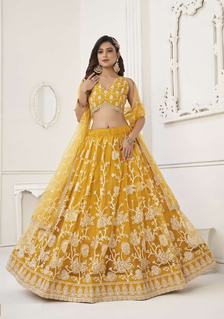 Mustard Net Lehenga Set with Embroidery for Diwali | Wedding & Festive Wear - Indya