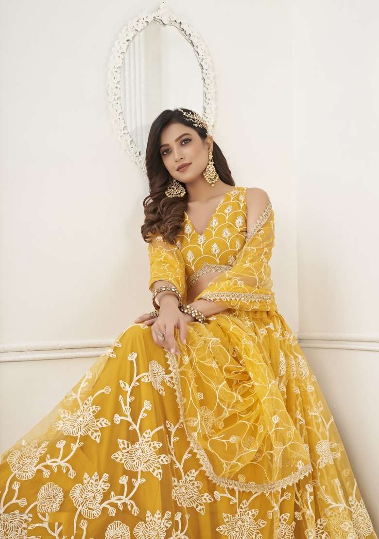 Mustard Net Lehenga Set with Embroidery for Diwali | Wedding & Festive Wear - Indya
