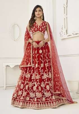 Red Net Lehenga Set with Embroidery for Diwali | Wedding & Festive Wear