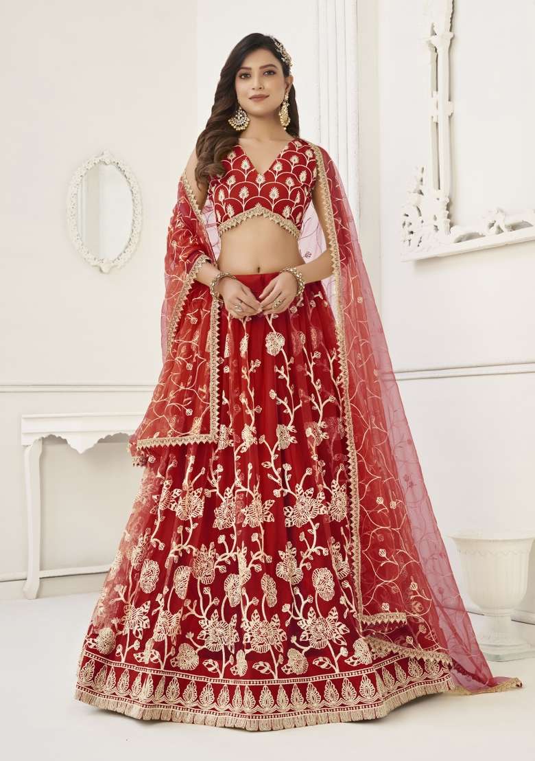 Red Net Lehenga Set with Embroidery for Diwali | Wedding & Festive Wear - Indya