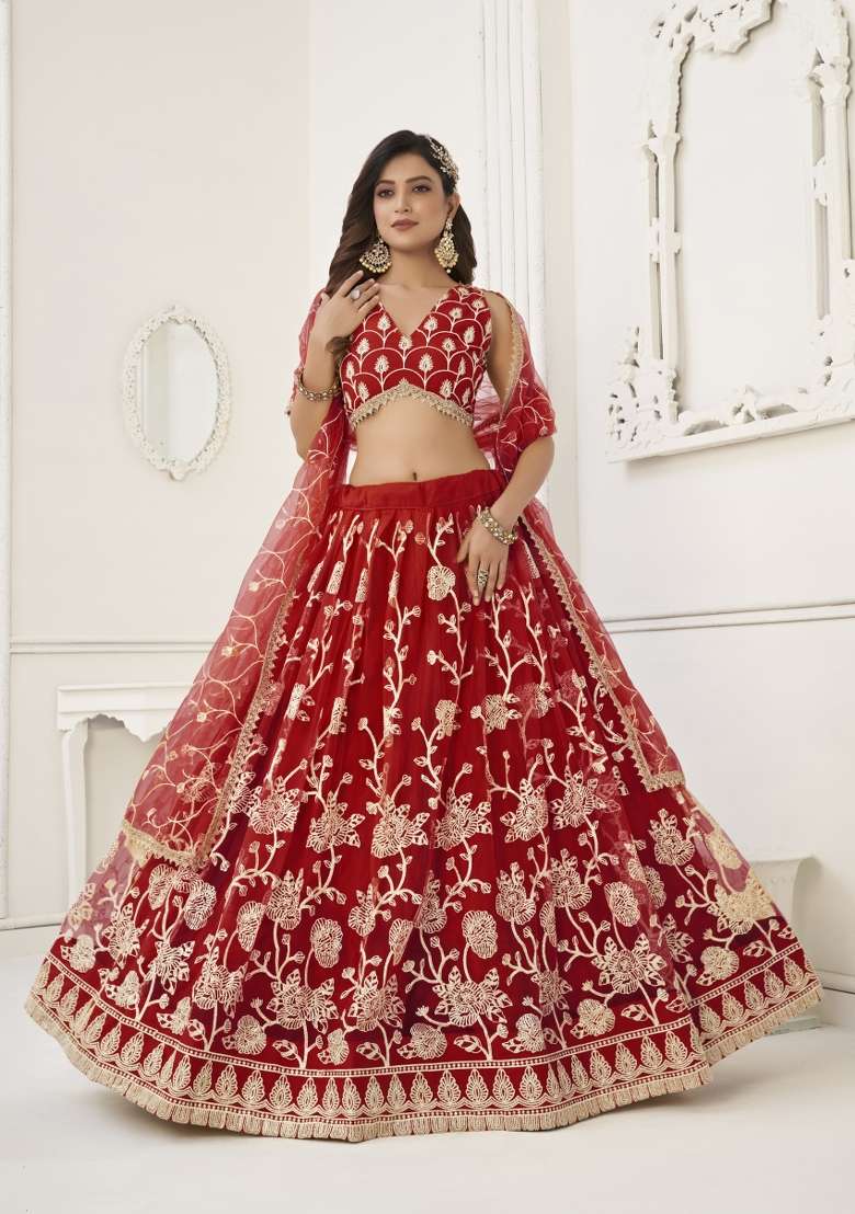 Red Net Lehenga Set with Embroidery for Diwali | Wedding & Festive Wear - Indya
