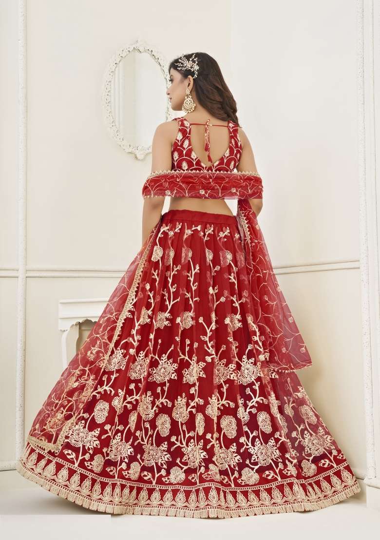 Red Net Lehenga Set with Embroidery for Diwali | Wedding & Festive Wear - Indya