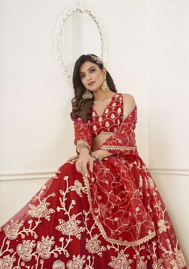 Red Net Lehenga Set with Embroidery for Diwali | Wedding & Festive Wear - Indya