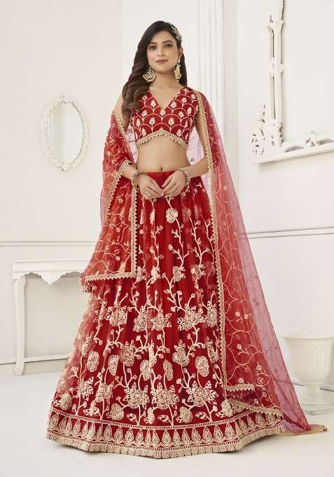 Red Net Lehenga Set with Embroidery for Diwali | Wedding & Festive Wear