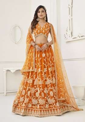 Orange Net Lehenga Set with Embroidery for Diwali | Wedding & Festive Wear