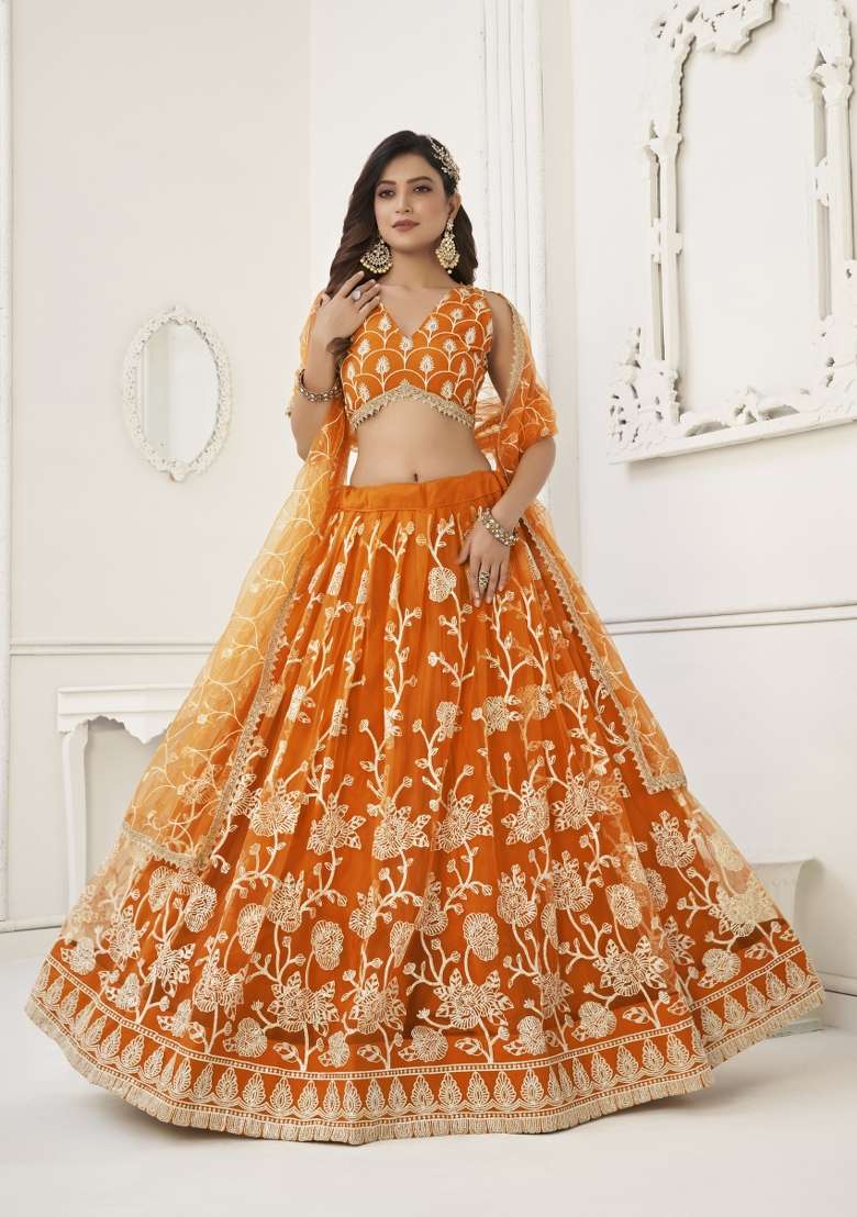 Orange Net Lehenga Set with Embroidery for Diwali | Wedding & Festive Wear - Indya