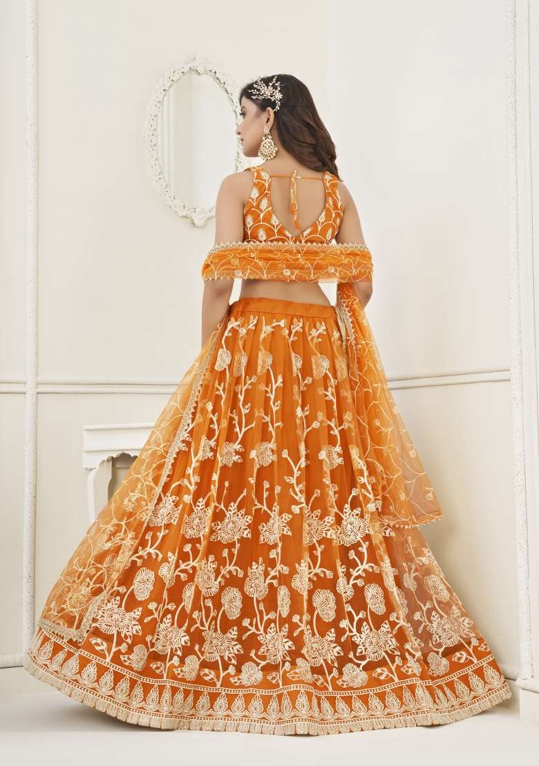Orange Net Lehenga Set with Embroidery for Diwali | Wedding & Festive Wear - Indya