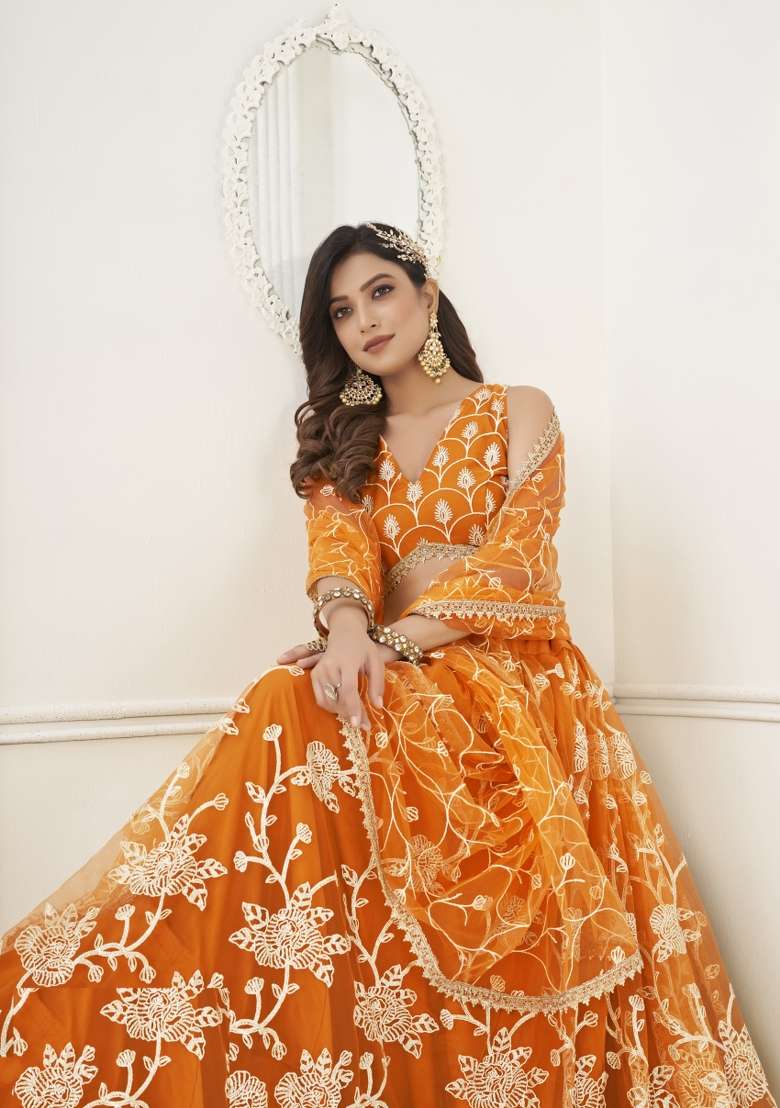 Orange Net Lehenga Set with Embroidery for Diwali | Wedding & Festive Wear - Indya