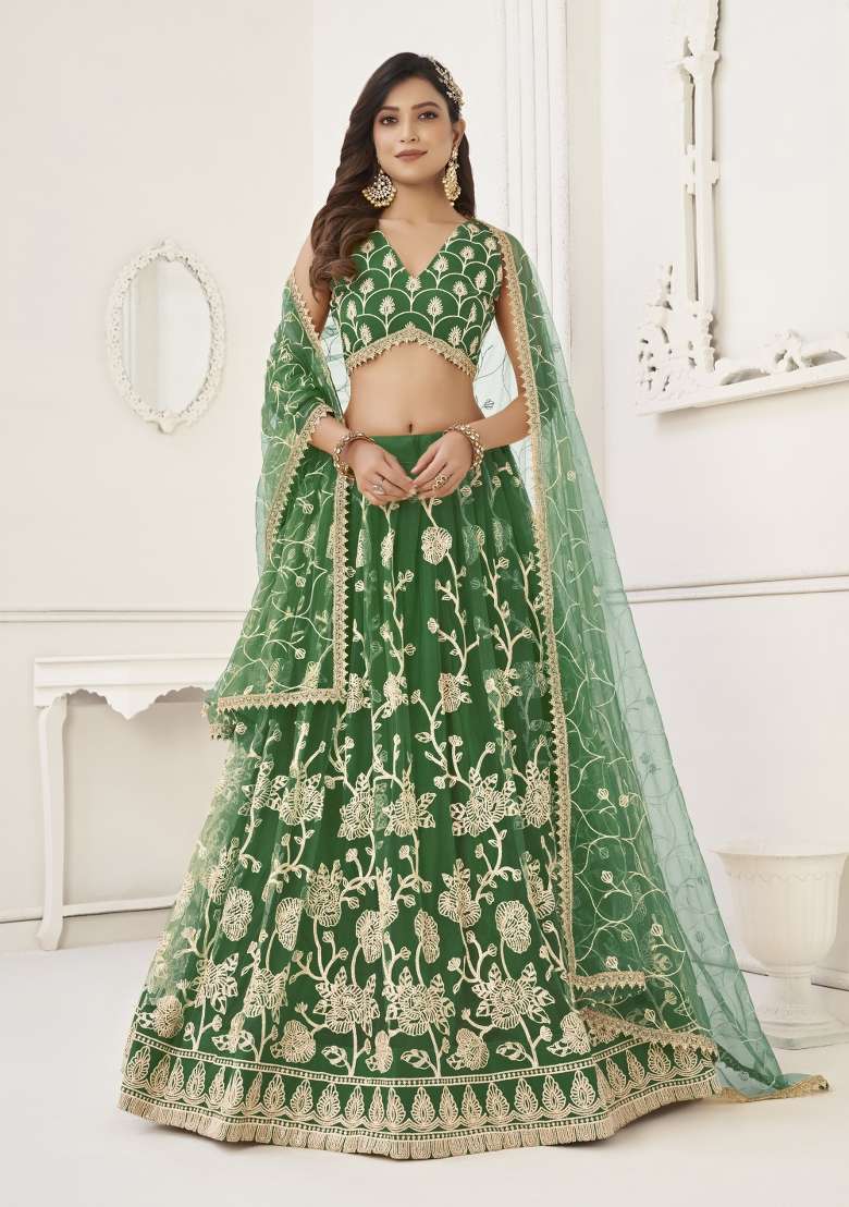 Green Net Lehenga Set with Embroidery for Diwali | Wedding & Festive Wear - Indya