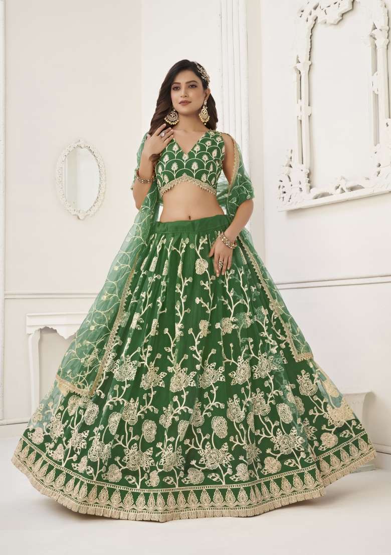 Green Net Lehenga Set with Embroidery for Diwali | Wedding & Festive Wear - Indya