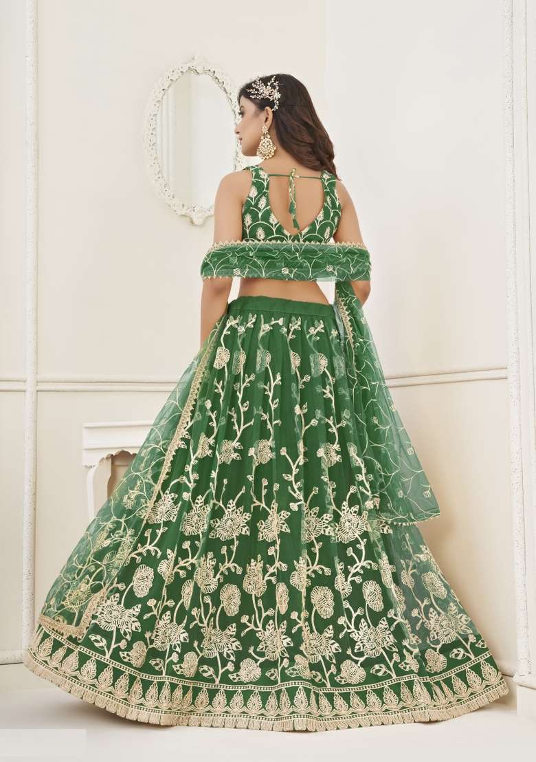 Green Net Lehenga Set with Embroidery for Diwali | Wedding & Festive Wear - Indya