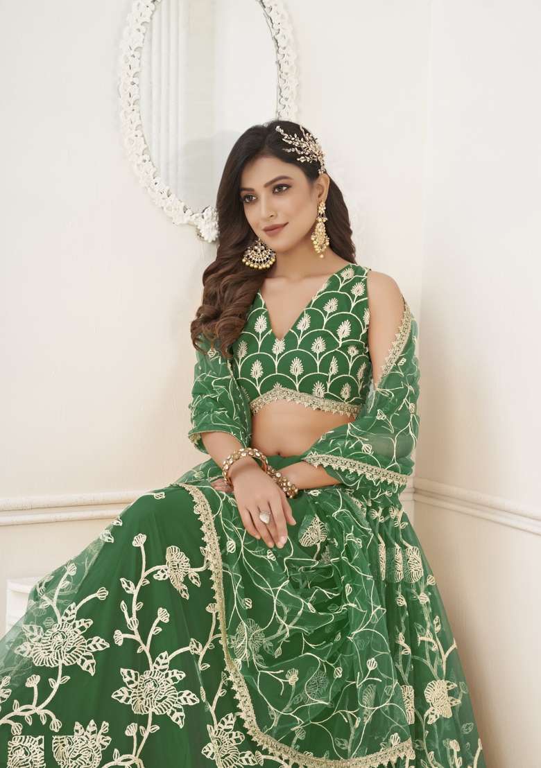 Green Net Lehenga Set with Embroidery for Diwali | Wedding & Festive Wear - Indya