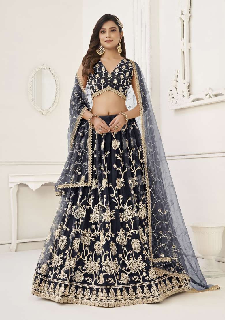 Black Embroidery Net Lehenga Set for Diwali and Festive Wear - Indya