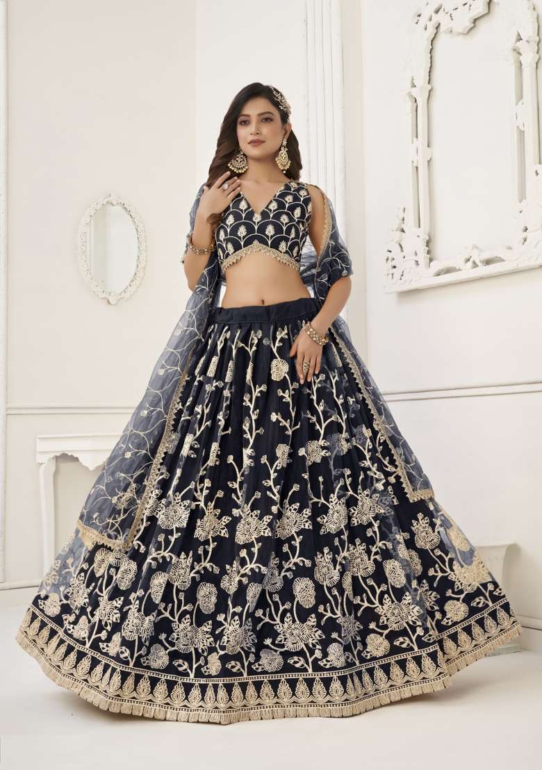 Black Embroidery Net Lehenga Set for Diwali and Festive Wear - Indya