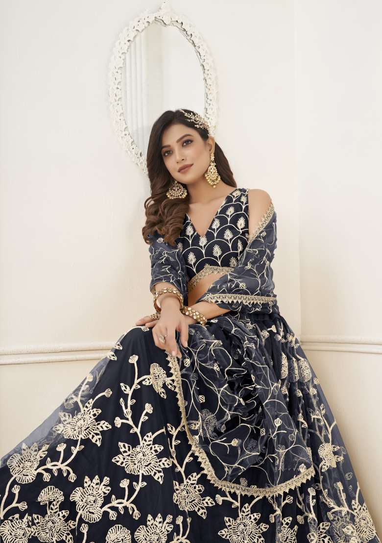 Black Embroidery Net Lehenga Set for Diwali and Festive Wear - Indya