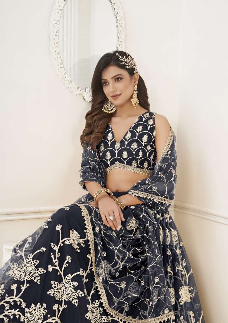 Black Embroidery Net Lehenga Set for Diwali and Festive Wear - Indya