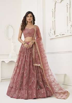 Onion Pink Embroidery Net Lehenga Set for Diwali and Festive Wear