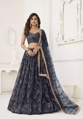 Navy Blue Net Lehenga Set with Embroidery for Diwali | Wedding & Festive Wear