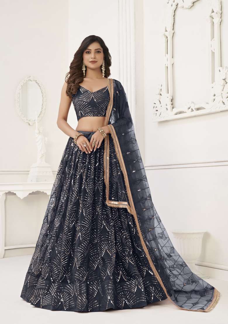 Navy Blue Net Lehenga Set with Embroidery for Diwali | Wedding & Festive Wear - Indya