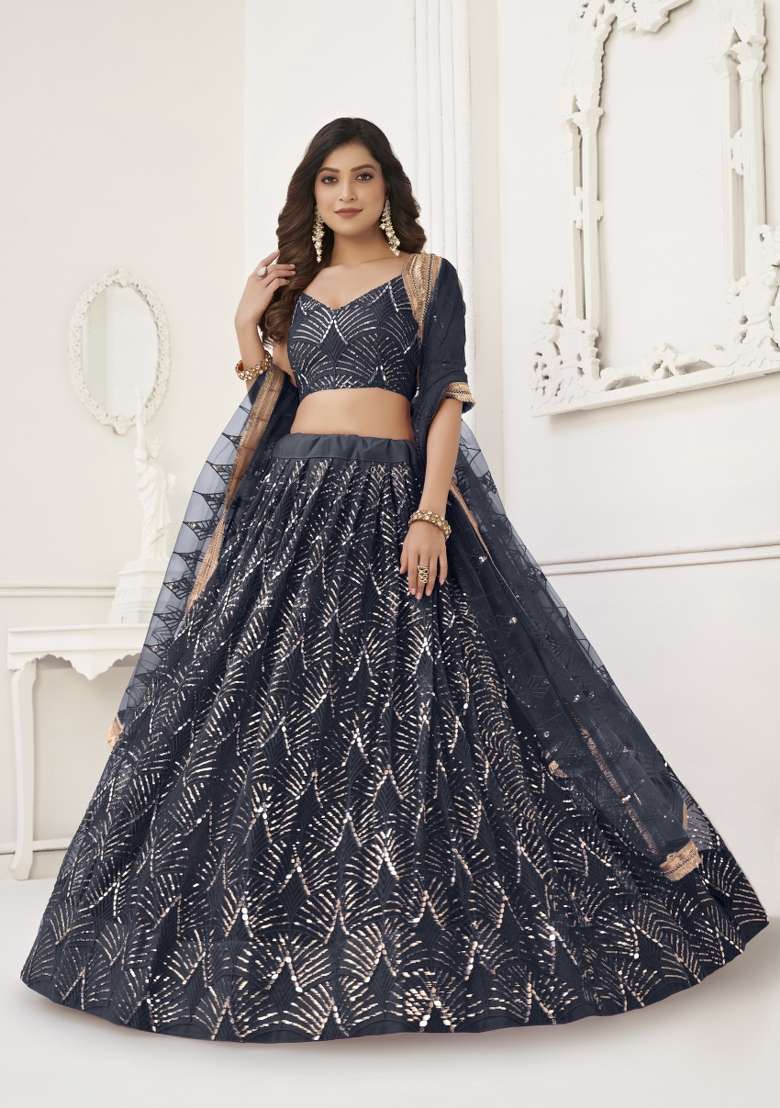 Navy Blue Net Lehenga Set with Embroidery for Diwali | Wedding & Festive Wear - Indya
