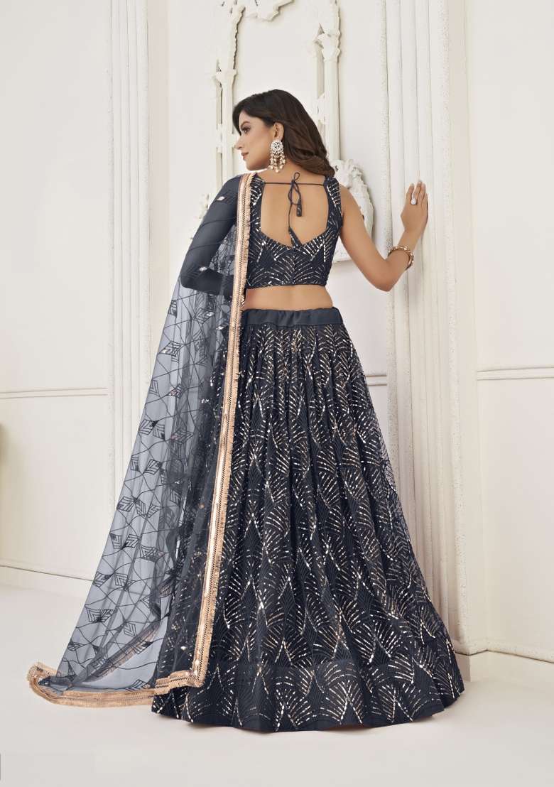 Navy Blue Net Lehenga Set with Embroidery for Diwali | Wedding & Festive Wear - Indya