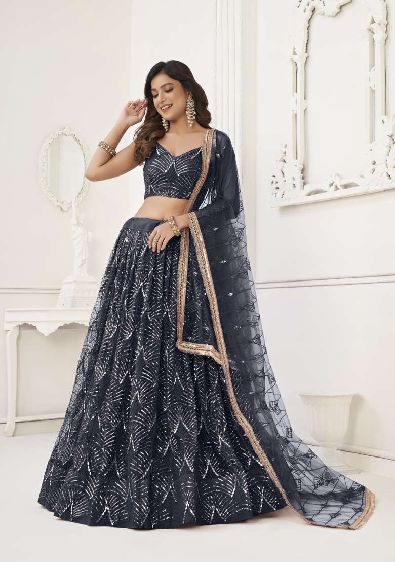 Navy Blue Net Lehenga Set with Embroidery for Diwali | Wedding & Festive Wear - Indya