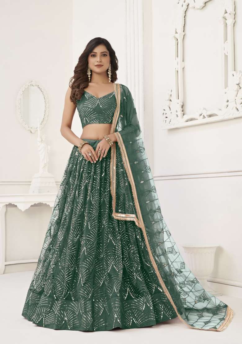 Green Embroidery Net Lehenga Set for Diwali and Festive Wear - Indya