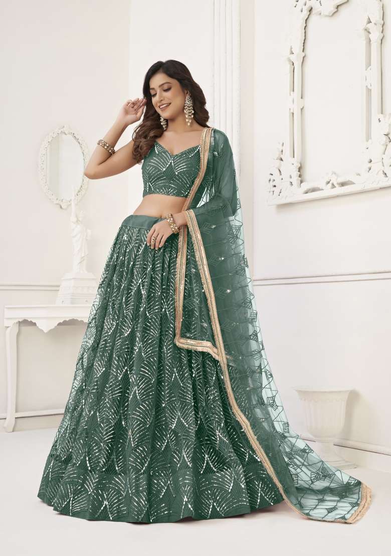 Green Embroidery Net Lehenga Set for Diwali and Festive Wear - Indya