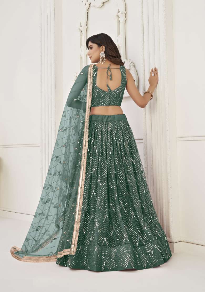 Green Embroidery Net Lehenga Set for Diwali and Festive Wear - Indya