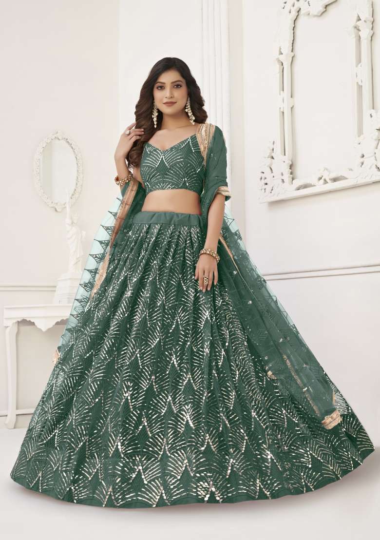 Green Embroidery Net Lehenga Set for Diwali and Festive Wear - Indya