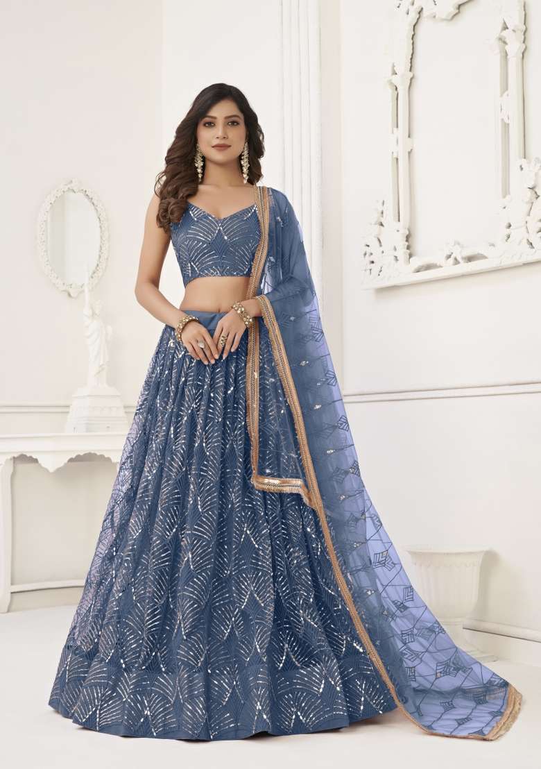 Blue Embroidery Net Lehenga Set for Diwali and Festive Wear - Indya