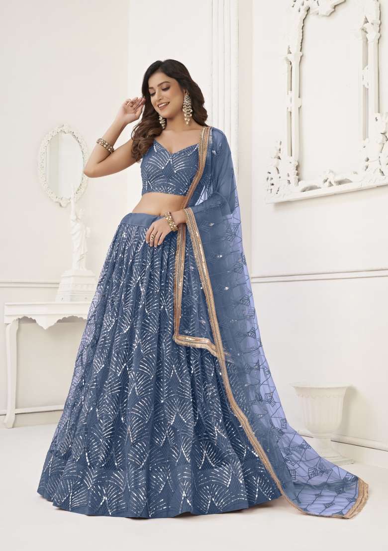 Blue Embroidery Net Lehenga Set for Diwali and Festive Wear - Indya