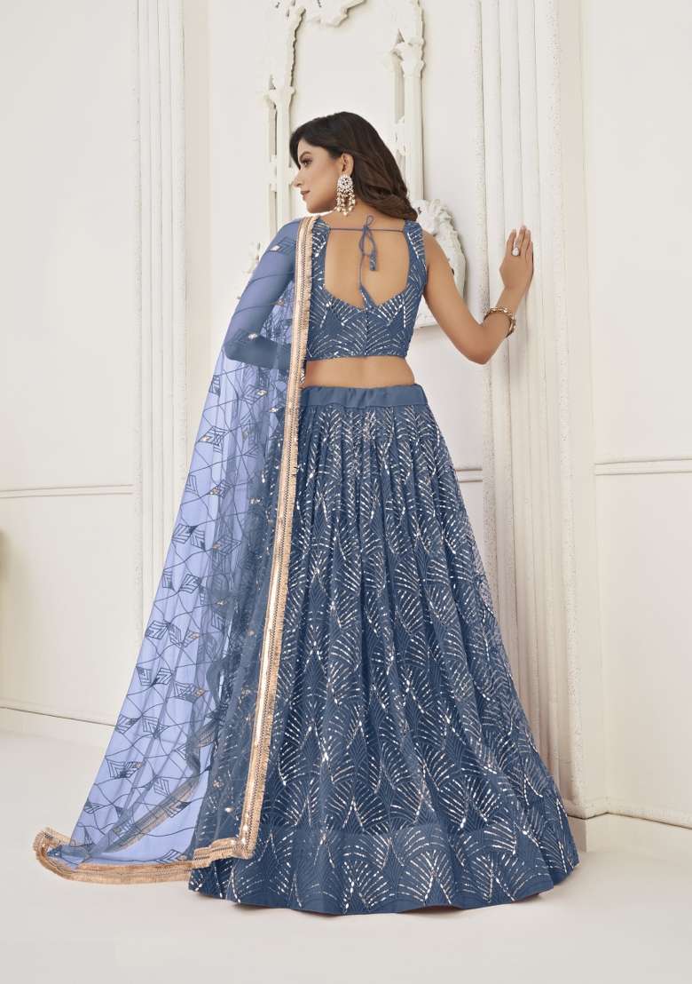 Blue Embroidery Net Lehenga Set for Diwali and Festive Wear - Indya