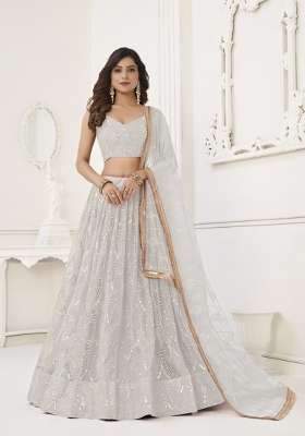 White Net Lehenga Set with Embroidery for Diwali | Wedding & Festive Wear