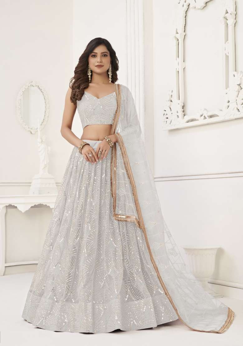 White Net Lehenga Set with Embroidery for Diwali | Wedding & Festive Wear - Indya