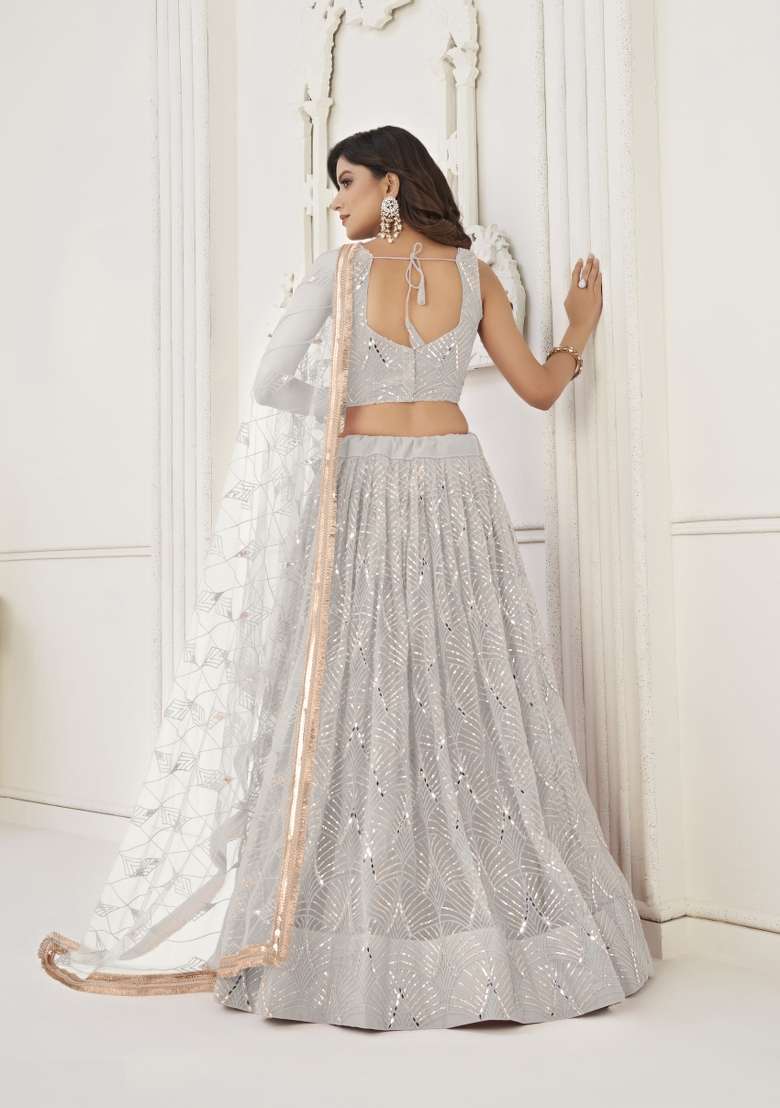 White Net Lehenga Set with Embroidery for Diwali | Wedding & Festive Wear - Indya
