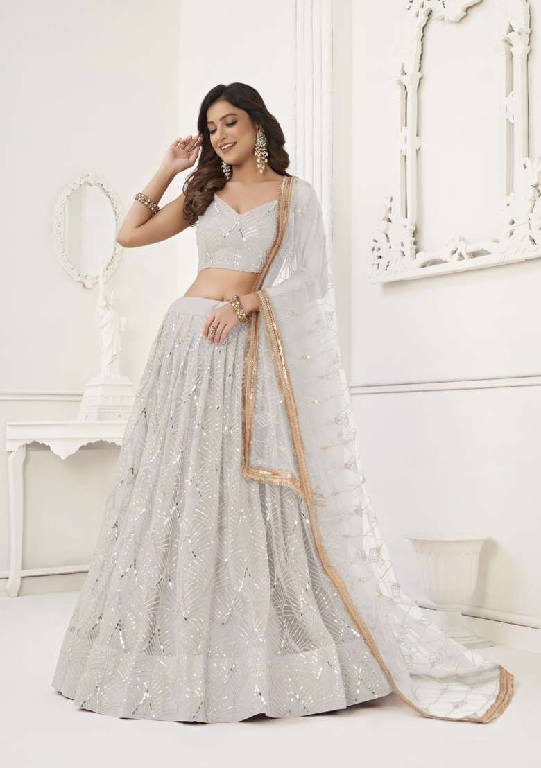 White Net Lehenga Set with Embroidery for Diwali | Wedding & Festive Wear - Indya