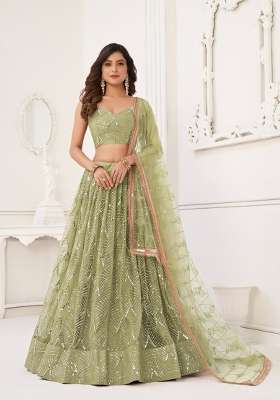 Light Green Embroidery Net Lehenga Set for Diwali and Festive Wear