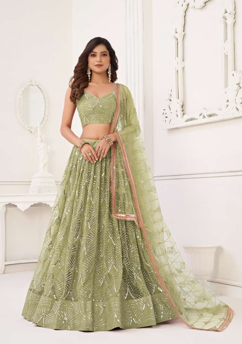 Light Green Embroidery Net Lehenga Set for Diwali and Festive Wear - Indya