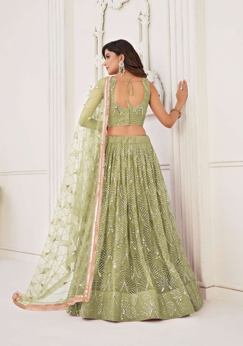 Light Green Embroidery Net Lehenga Set for Diwali and Festive Wear - Indya