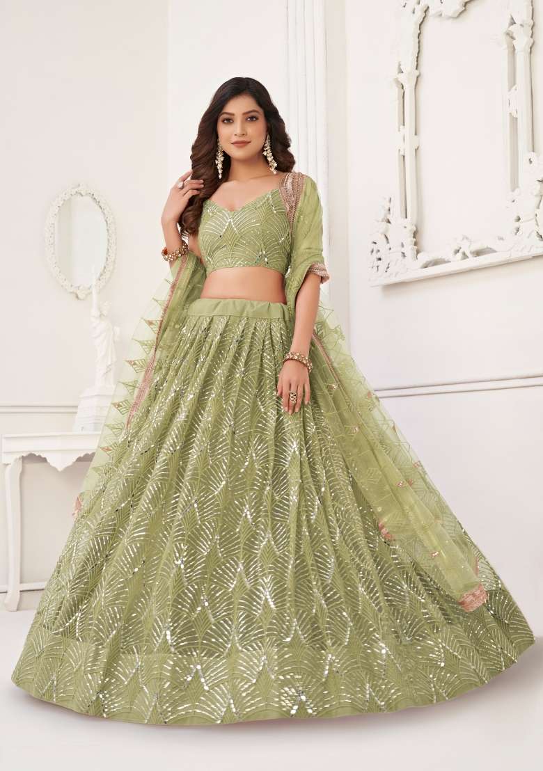 Light Green Embroidery Net Lehenga Set for Diwali and Festive Wear - Indya
