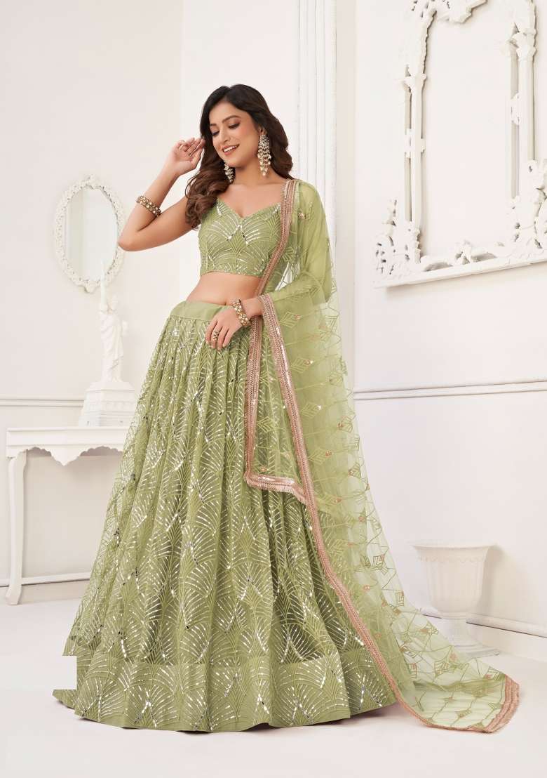 Light Green Embroidery Net Lehenga Set for Diwali and Festive Wear - Indya