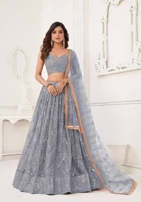 Grey Net Lehenga Set with Embroidery for Diwali | Wedding & Festive Wear