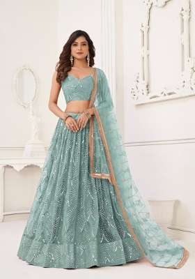 Light Green Net Lehenga Set with Embroidery for Diwali | Wedding & Festive Wear