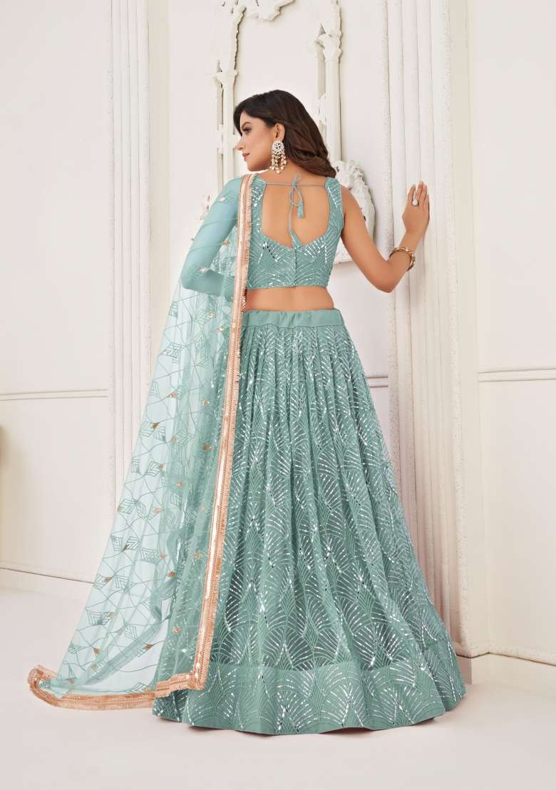 Light Green Net Lehenga Set with Embroidery for Diwali | Wedding & Festive Wear - Indya