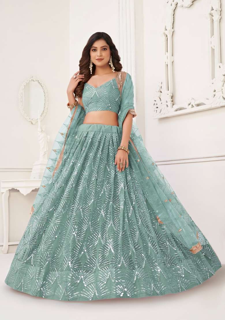 Light Green Net Lehenga Set with Embroidery for Diwali | Wedding & Festive Wear - Indya
