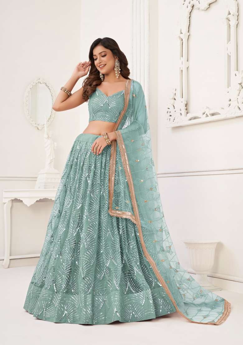 Light Green Net Lehenga Set with Embroidery for Diwali | Wedding & Festive Wear - Indya